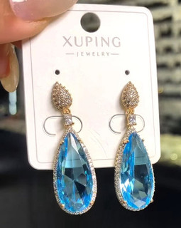 گوشواره مجلسی ژوپینگ نگینکاری اشکی توپاز آبی
